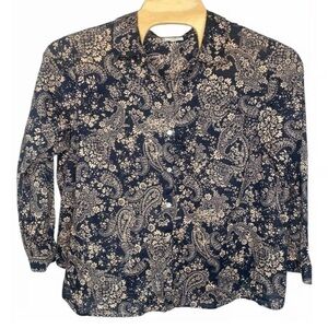 J. Jill Navy and Cream Floral Button Down Shirt paisley 70s retro lightweight